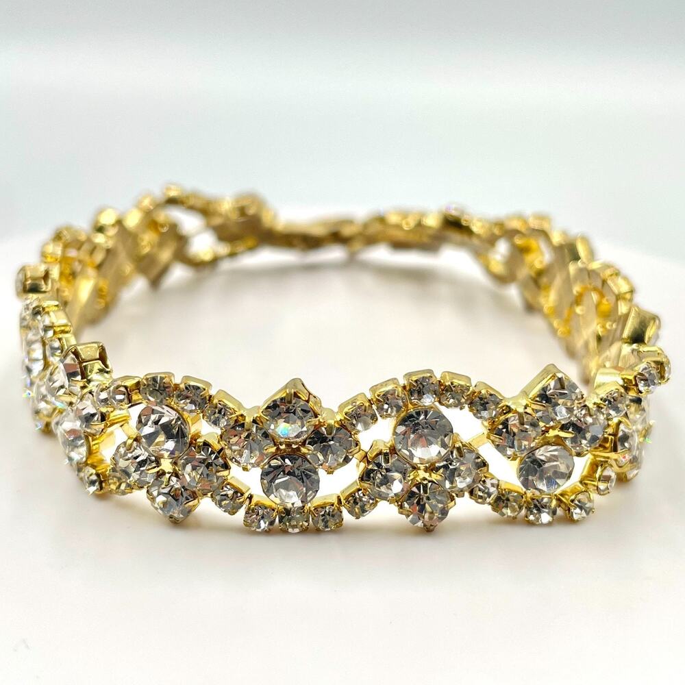 Vintage Gold Tone Clear Rhinestone Openwork Link Statement Bracelet Bridal Retro